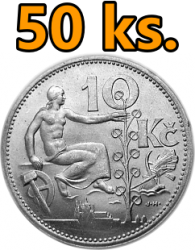 50 kusů stříbrných mincí 10 Kč. 1930 - 1932 - 1000 g.